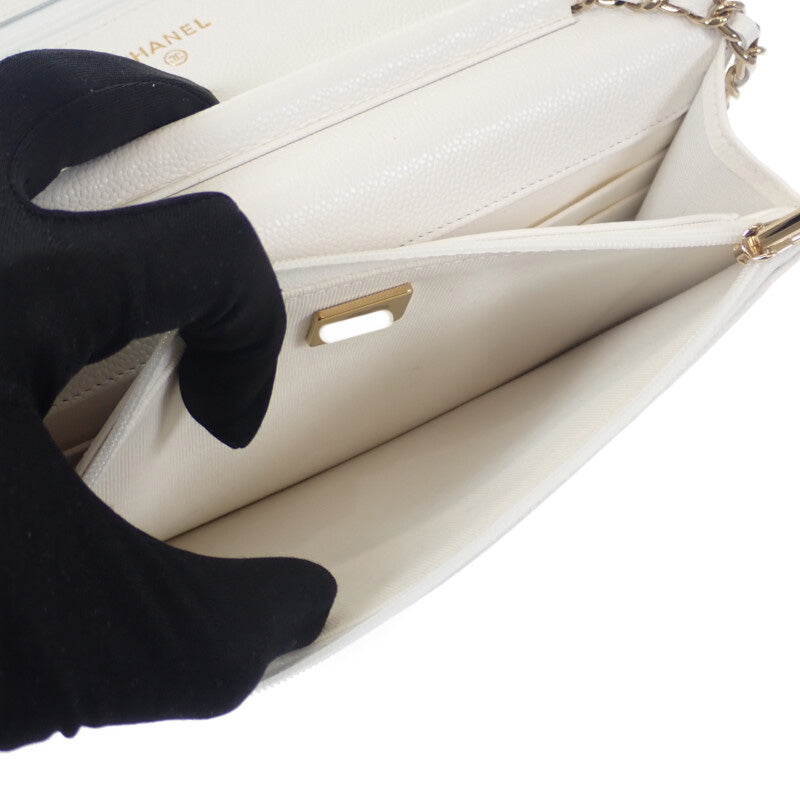 シャネル CHANEL クラシック チェーンウォレット AP0250 ショルダーバッグ キャビアスキン ホワイト ゴールド金具 レディース【中古】【Aランク】