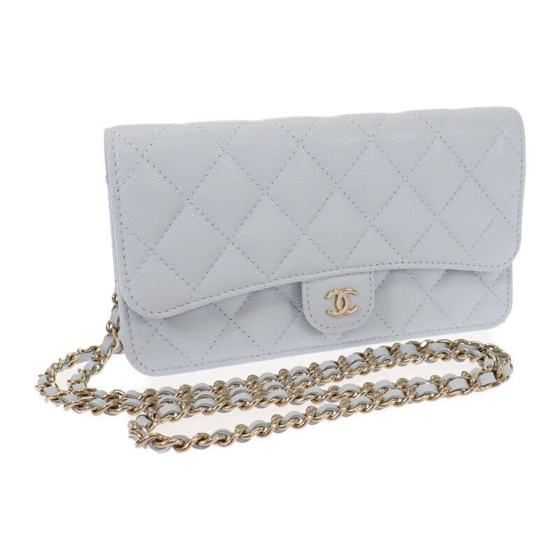 シャネル CHANEL フラップ フォンケース AP3744 ショルダーバッグ グレインドカーフスキン ライトブルー ゴールド金具 レディース【中古】【Aランク】