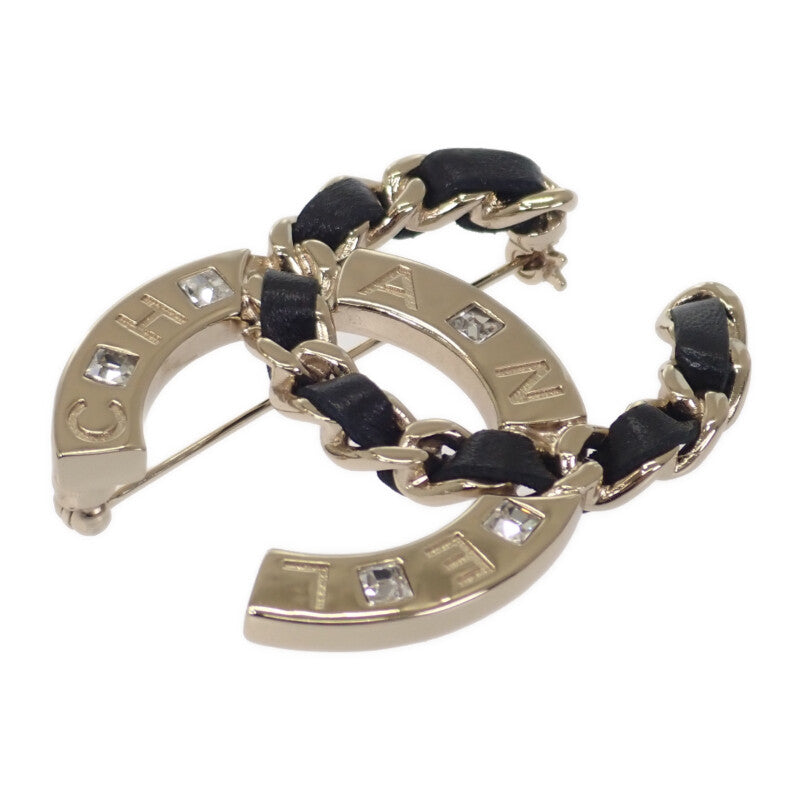 シャネル CHANEL ココマーク ブローチ メタル レザー クリスタル ゴールド レディース【中古】【ABランク】