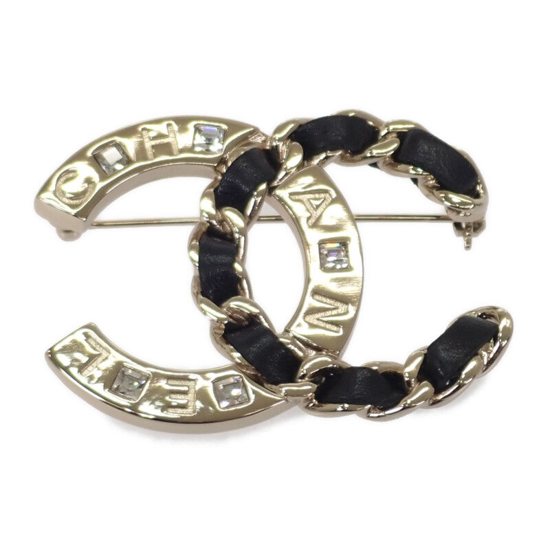 シャネル CHANEL ココマーク ブローチ メタル レザー クリスタル ゴールド レディース【中古】【ABランク】