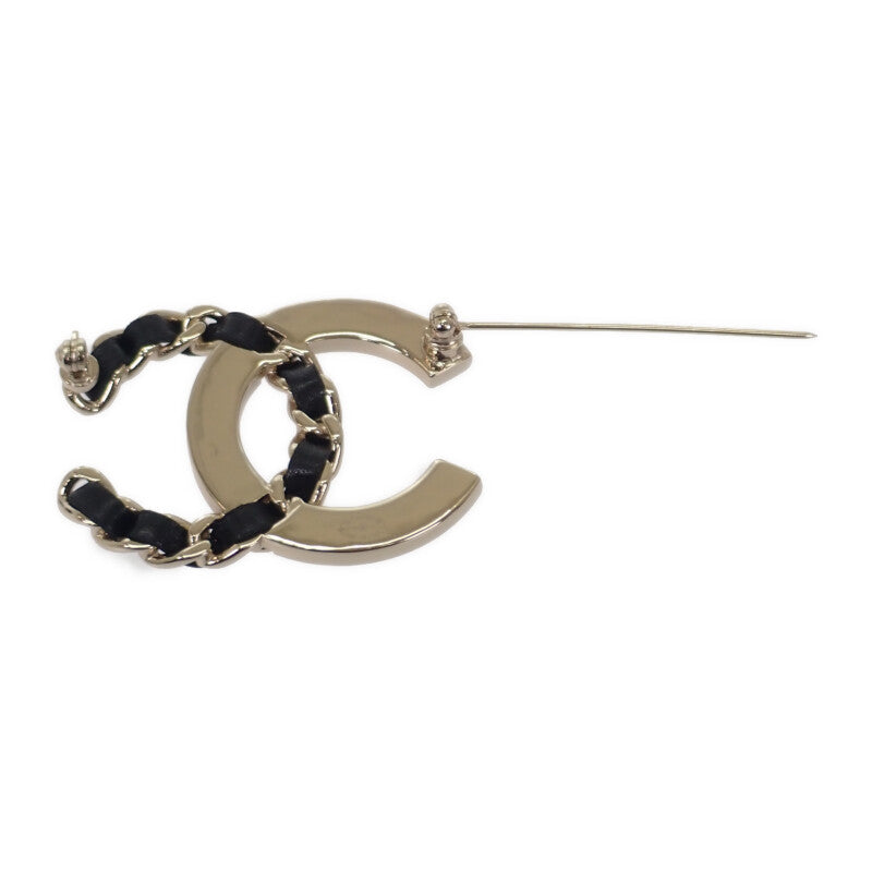 香奈兒 CHANEL COCO Mark 胸針 金屬 皮革 水晶 金色 女士【中古】【AB級】