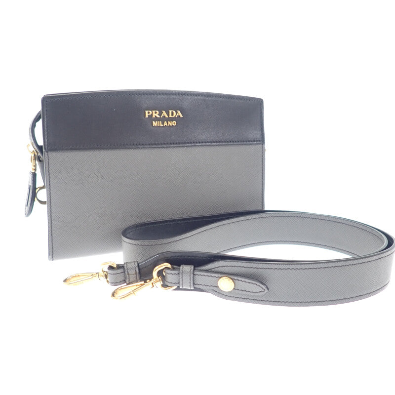 プラダ PRADA エスプラナードバッグ 1BH043 ショルダーバッグ サフィアーノ グレー ブラック ゴールド金具 レディース【中古】【ABランク】