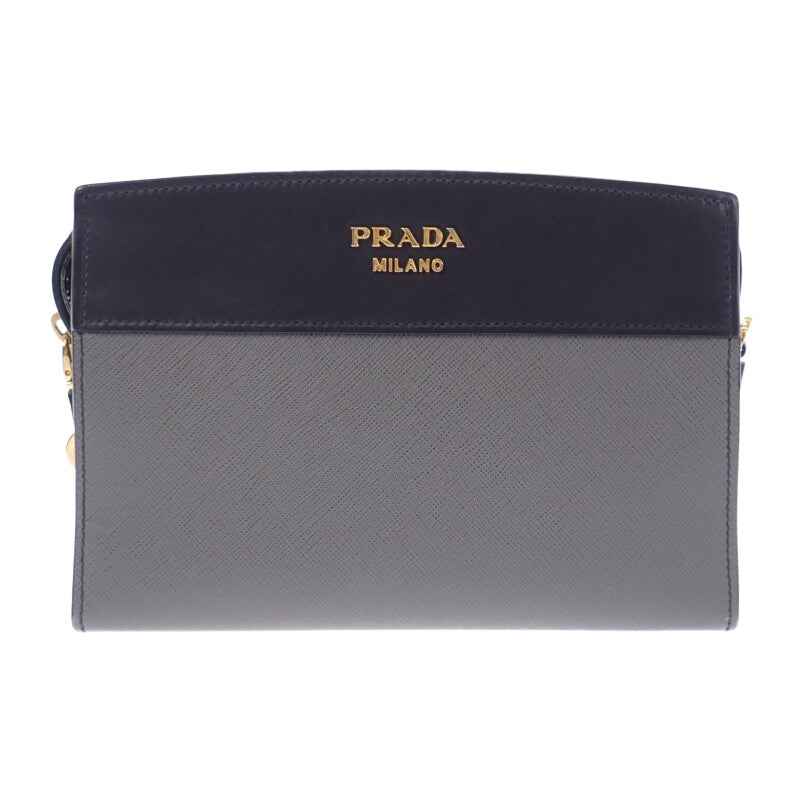 プラダ PRADA エスプラナードバッグ 1BH043 ショルダーバッグ サフィアーノ グレー ブラック ゴールド金具 レディース【中古】【ABランク】