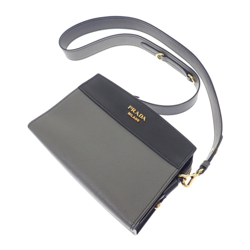 プラダ PRADA エスプラナードバッグ 1BH043 ショルダーバッグ サフィアーノ グレー ブラック ゴールド金具 レディース【中古】【ABランク】