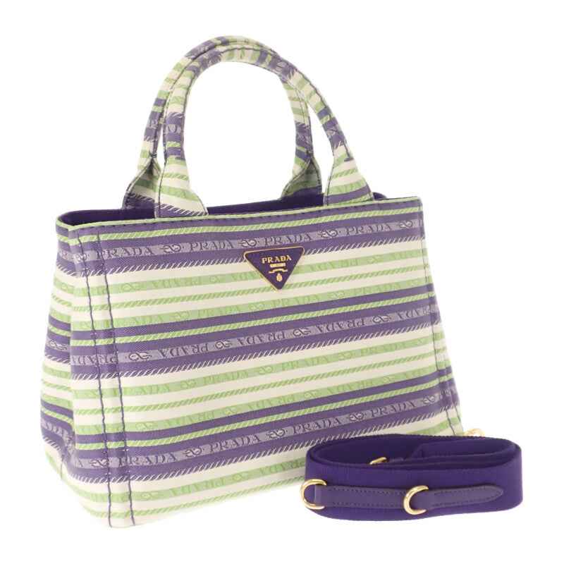 プラダ PRADA カナパトート ボーダー 1BG439 2WAYバッグ ショルダーバッグ キャンバス パープル グリーン ゴールド金具 レディース【中古】【ABランク】