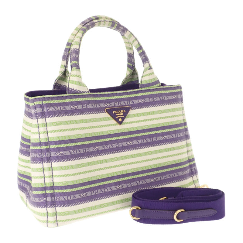 プラダ PRADA カナパトート ボーダー 1BG439 2WAYバッグ ショルダーバッグ キャンバス パープル グリーン ゴールド金具 レディース【中古】【ABランク】
