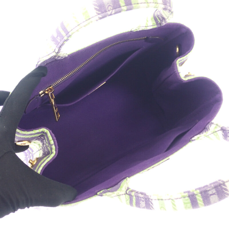 PRADA 普拉達 Canapa 條紋托特包 1BG439 2WAY包 肩背包 帆布 紫色 綠色 金色金屬配件 女士【中古】【AB級】