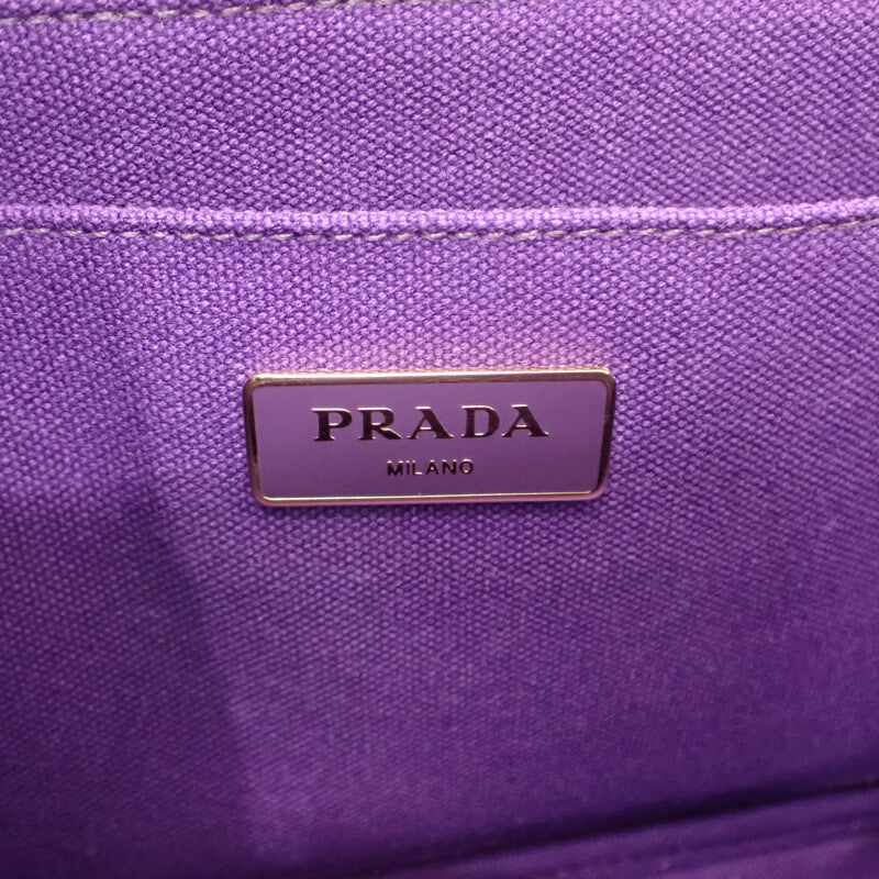 PRADA 普拉達 Canapa 條紋托特包 1BG439 2WAY包 肩背包 帆布 紫色 綠色 金色金屬配件 女士【中古】【AB級】