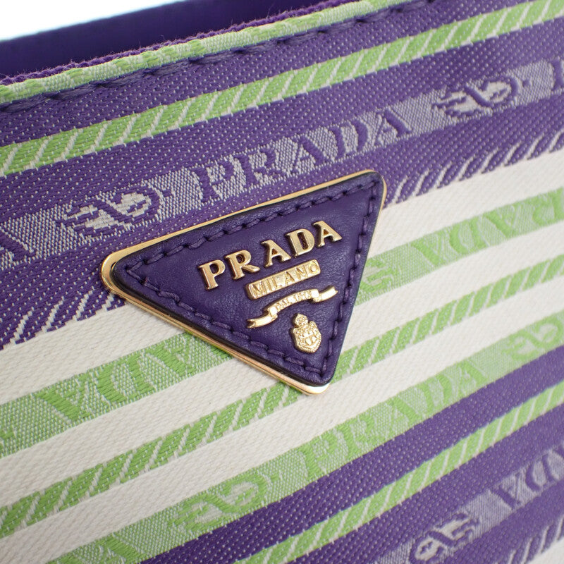 PRADA 普拉達 Canapa 條紋托特包 1BG439 2WAY包 肩背包 帆布 紫色 綠色 金色金屬配件 女士【中古】【AB級】