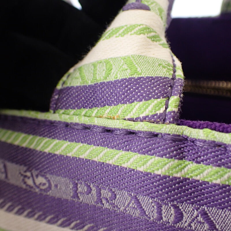 PRADA 普拉達 Canapa 條紋托特包 1BG439 2WAY包 肩背包 帆布 紫色 綠色 金色金屬配件 女士【中古】【AB級】