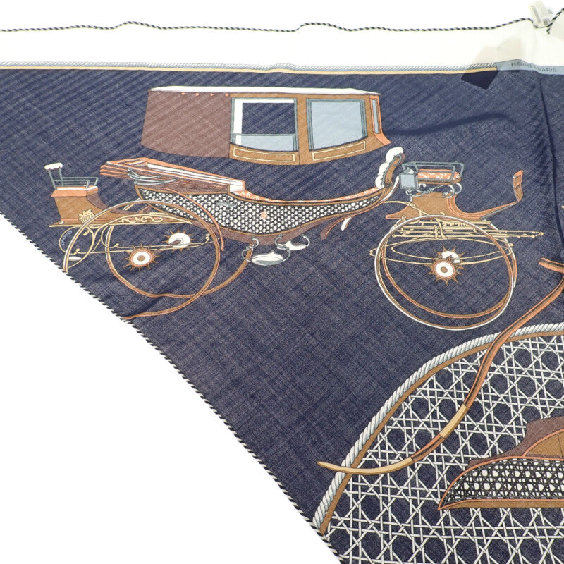 エルメス HERMES トライアングルジェアン LES VOITURES TRANSFORMATION 361422S スカーフ カシミヤ シルク ネイビー レディース【中古】【SAランク】