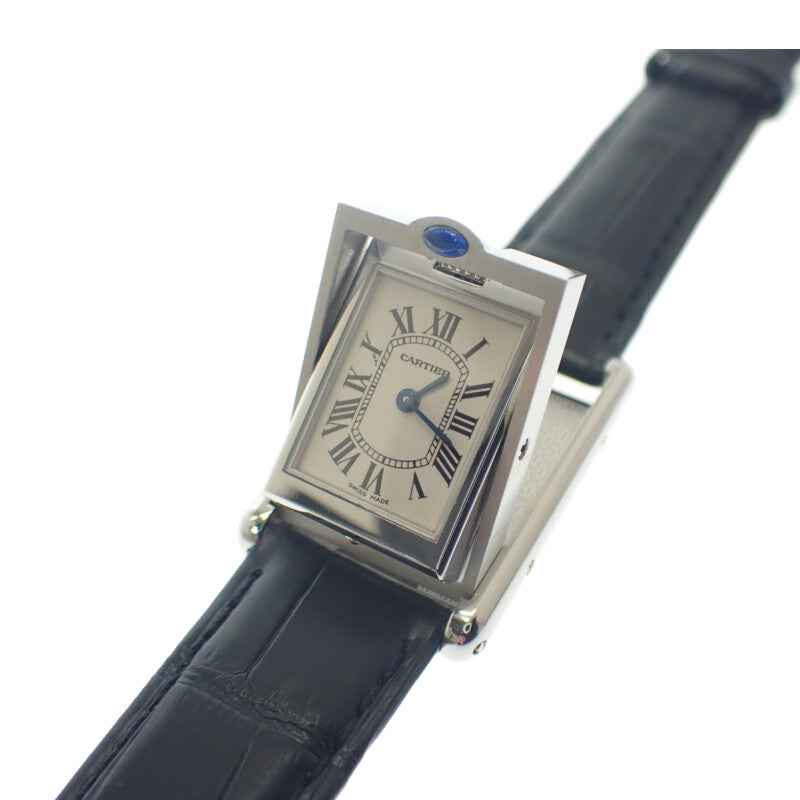 卡地亞 CARTIER 翻轉坦克小型款 SM W1011158 腕錶 不鏽鋼 錶帶 皮革 銀色 黑色 石英 機芯 銀色錶盤 女款【中古】【A級品】