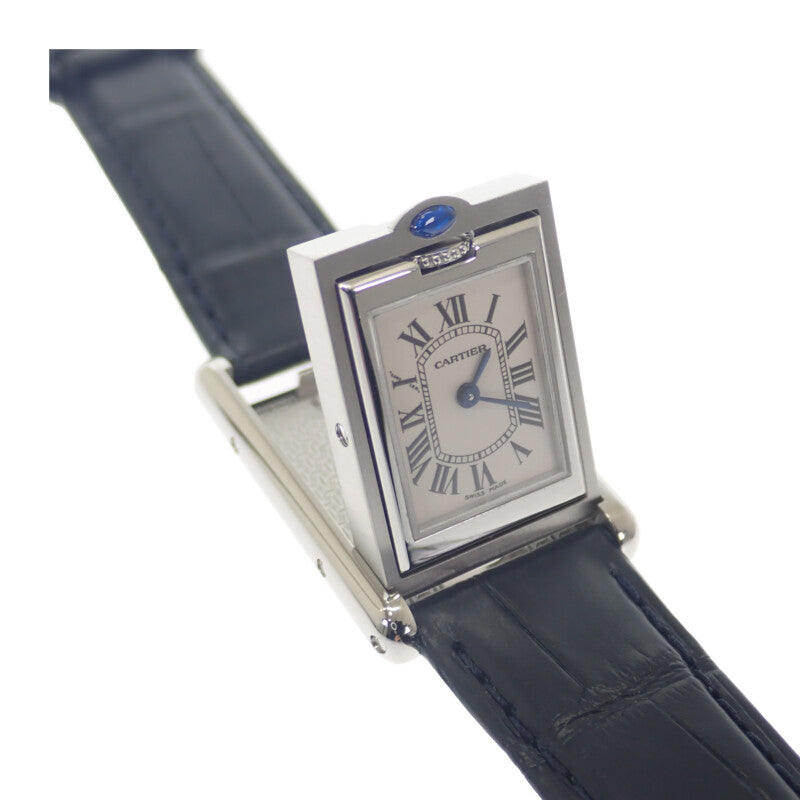 卡地亞 CARTIER 翻轉坦克小型款 SM W1011158 腕錶 不鏽鋼 錶帶 皮革 銀色 黑色 石英 機芯 銀色錶盤 女款【中古】【A級品】