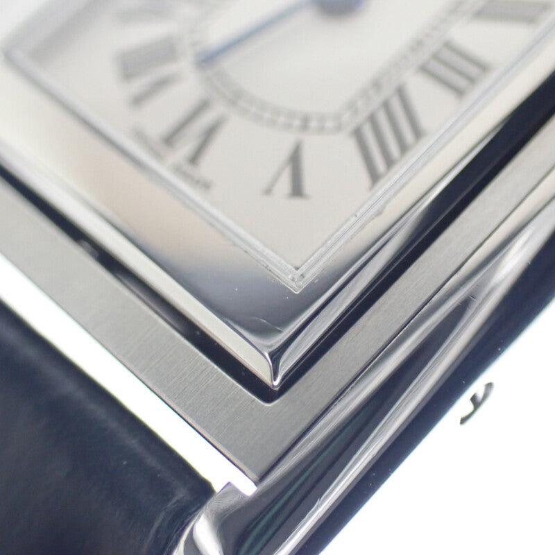 卡地亞 CARTIER 翻轉坦克小型款 SM W1011158 腕錶 不鏽鋼 錶帶 皮革 銀色 黑色 石英 機芯 銀色錶盤 女款【中古】【A級品】