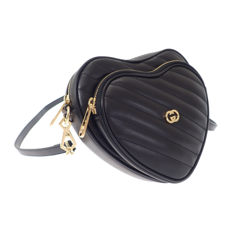 GUCCI Interlocking G Heart 751628 Shoulder Bag Calf Black Gold Hardware Women's