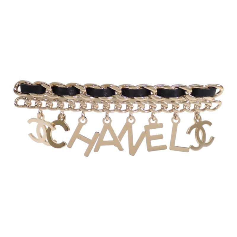 シャネル CHANEL CCロゴチェーン B19P ブローチ メタル レザー ゴールド ブラック レディース【中古】【ABランク】