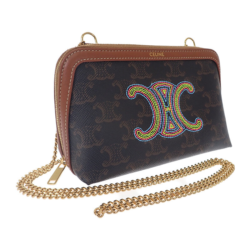 セリーヌ CELINE チェーン付きクラッチ キュイルトリオンフ 小さめ 10E382EGK.14ML ショルダーバッグ PVC ブラウン ゴールド金具 レディース【中古】【Aランク】