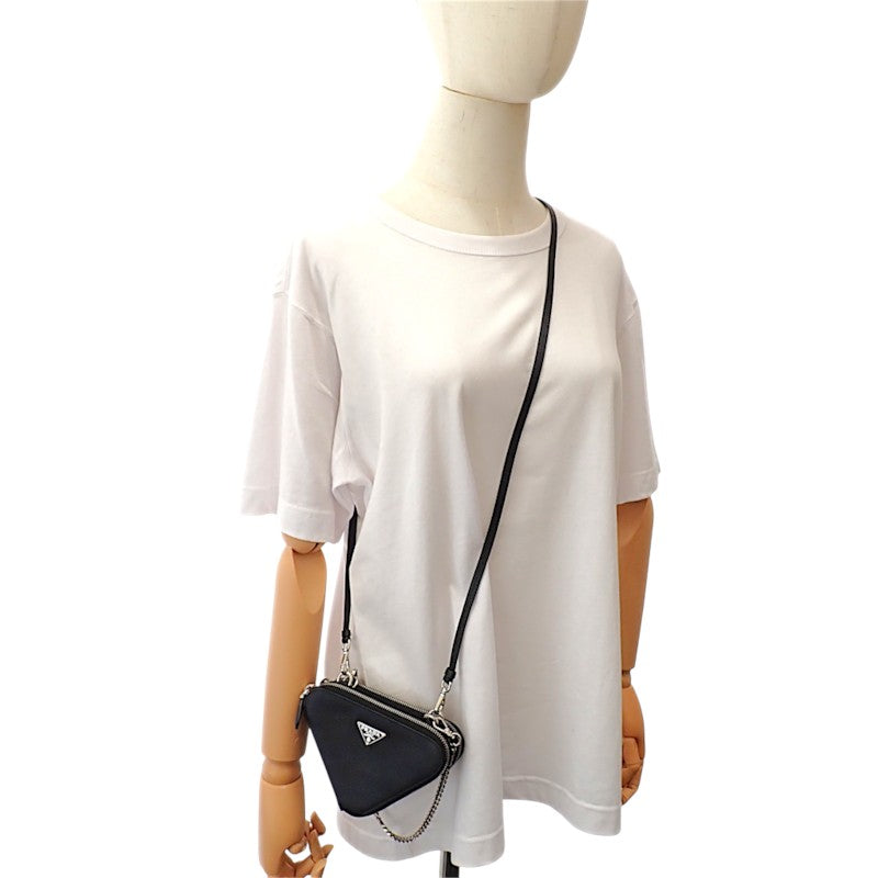 プラダ PRADA トライアングルミニポーチ 1NR015 2WAYバッグ サフィアーノ ブラック シルバー金具 レディース【中古】【ABランク】