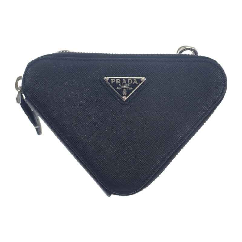 プラダ PRADA トライアングルミニポーチ 1NR015 2WAYバッグ サフィアーノ ブラック シルバー金具 レディース【中古】【ABランク】