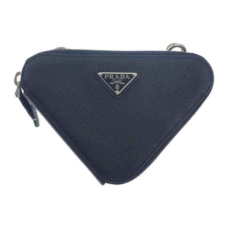 プラダ PRADA トライアングルミニポーチ 1NR015 2WAYバッグ サフィアーノ ブラック シルバー金具 レディース【中古】【ABランク】
