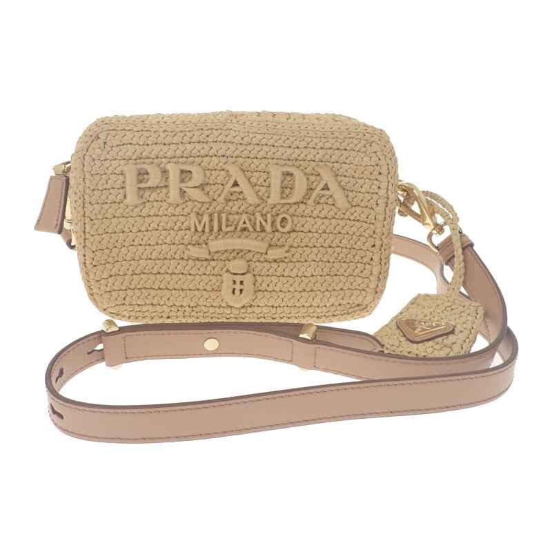 プラダ PRADA ラフィアショルダー 1BH196 ショルダーバッグ ラフィア レザー ベージュ ナチュラル ゴールド金具 レディース【中古】【Aランク】