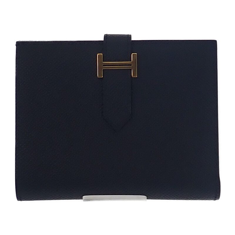 エルメス HERMES ベアンコンパクト W刻印 二つ折り財布 ヴォーエプソン ブラック ゴールド金具 レディース メンズ【中古】【Aランク】