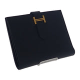 エルメス HERMES ベアンコンパクト W刻印 二つ折り財布 ヴォーエプソン ブラック ゴールド金具 レディース メンズ【中古】【Aランク】