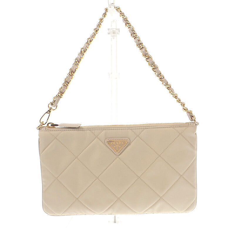 PRADA 普拉達 鏈條 肩背包 1NI054 手提包 Tessuto Impuntu 尼龍 米色 金色金屬配件 女款【中古】【A級】