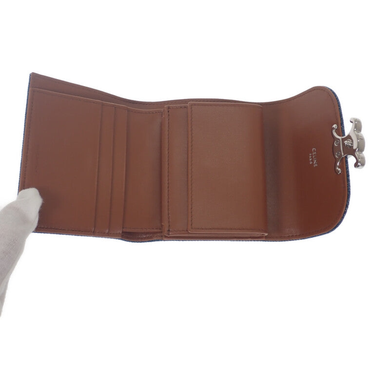 CELINE 賽琳凱旋門標誌小型翻蓋錢包 10D782GF4.07FX 三折錢包 牛仔布 水鑽 藍色 銀色金屬配件 女士【二手品】【AB級成色】