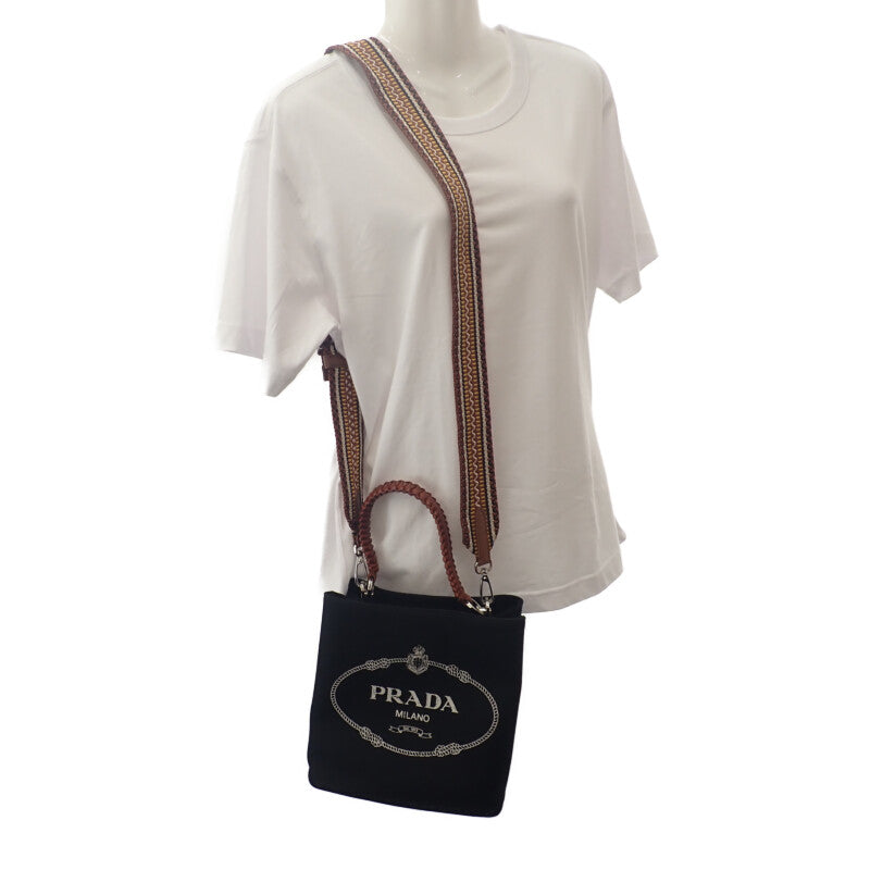 PRADA Panier 1BA212_2DID_F0B7K_V_POO Handbag Canvas Leather Black Brown Women's【Used】【A Rank】