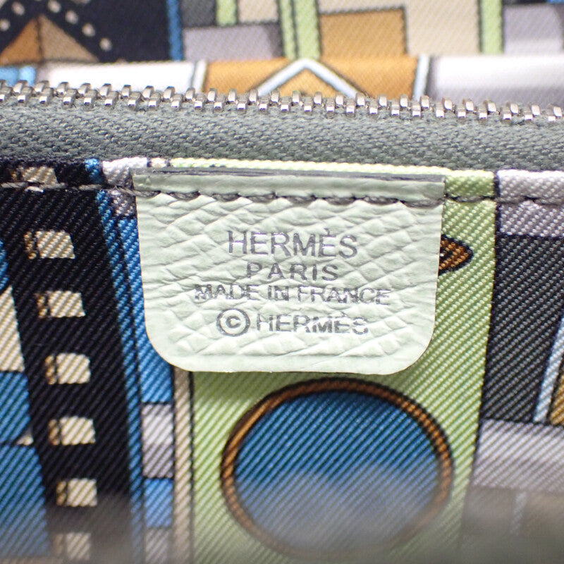 愛馬仕 HERMES Azap Silk'in Compact 零錢包 Epsom皮革 絲綢 薄荷綠 灰褐色 女款 男款【中古】【A級品】