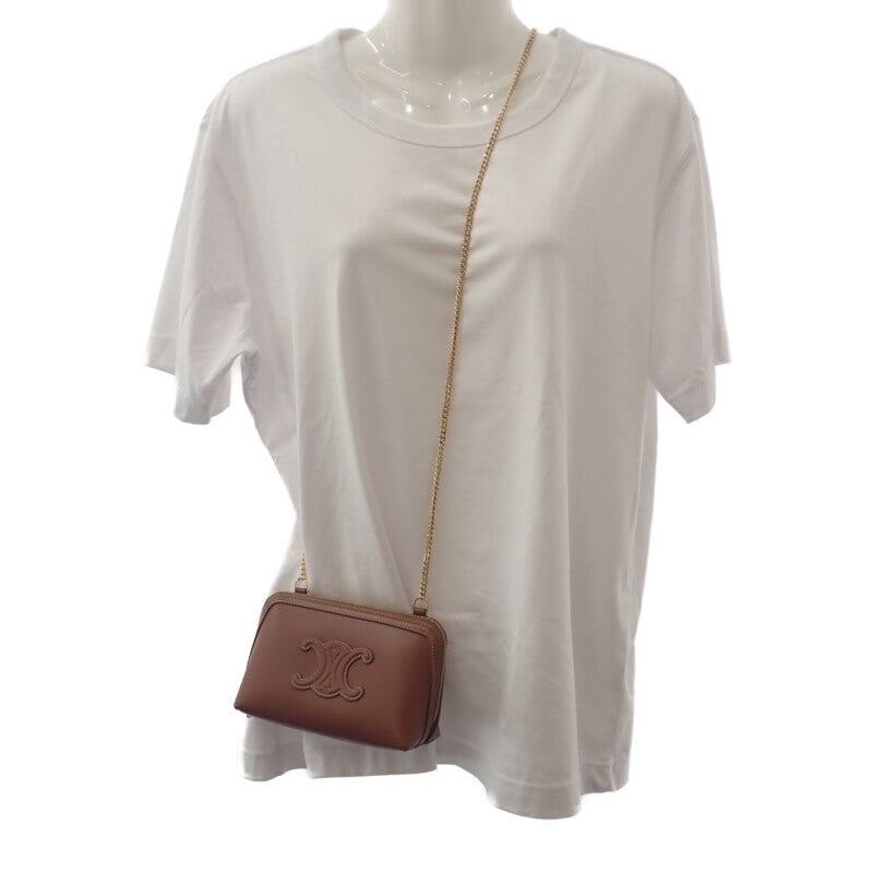 Celine CELINE 附鏈條手拿包 Cuir 10E383DR8.04LU 肩背包 牛皮 棕褐色 金色金屬 女款【中古】【A級品】