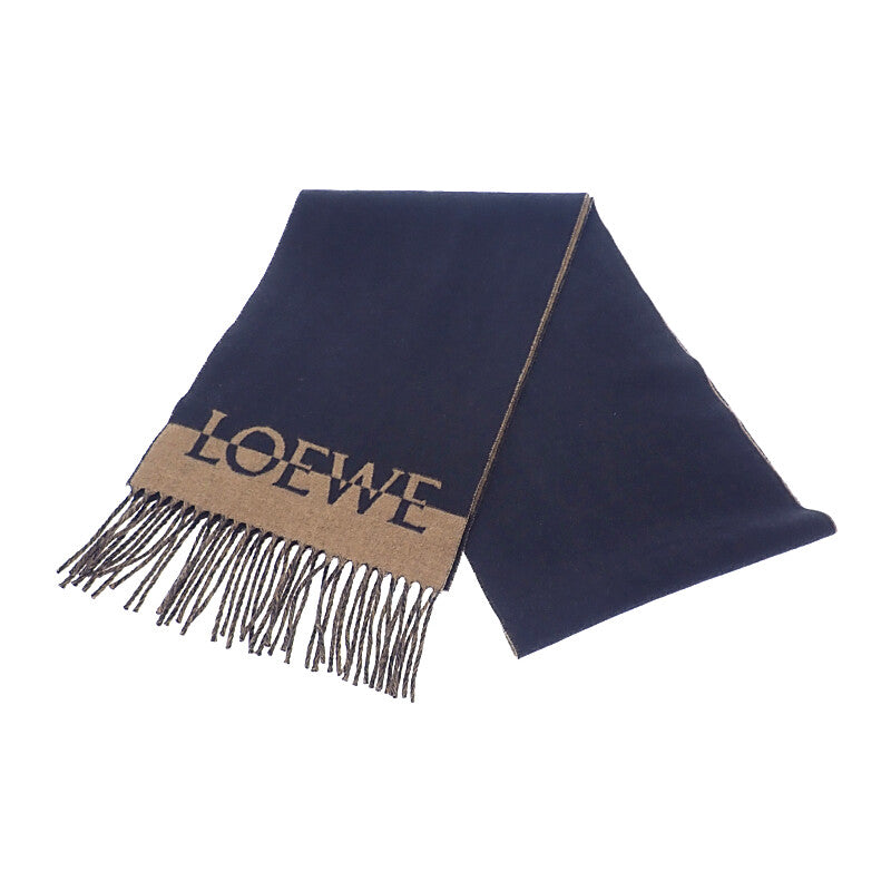 ロエベ LOEWE ロゴスカーフ マフラー ウール カシミヤ ネイビー ブラウン レディース メンズ【中古】【Aランク】