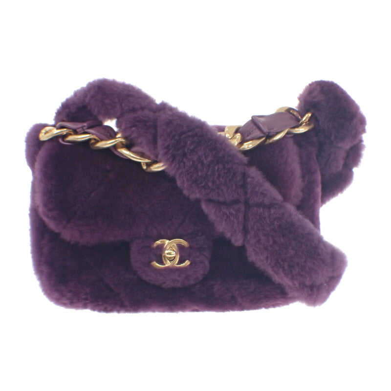 香奈兒 CHANEL 羊毛皮翻蓋包 AS3354B08467 肩背包 羊皮 羊毛皮 紫色 金色金屬配件 女士【中古】【A級品】