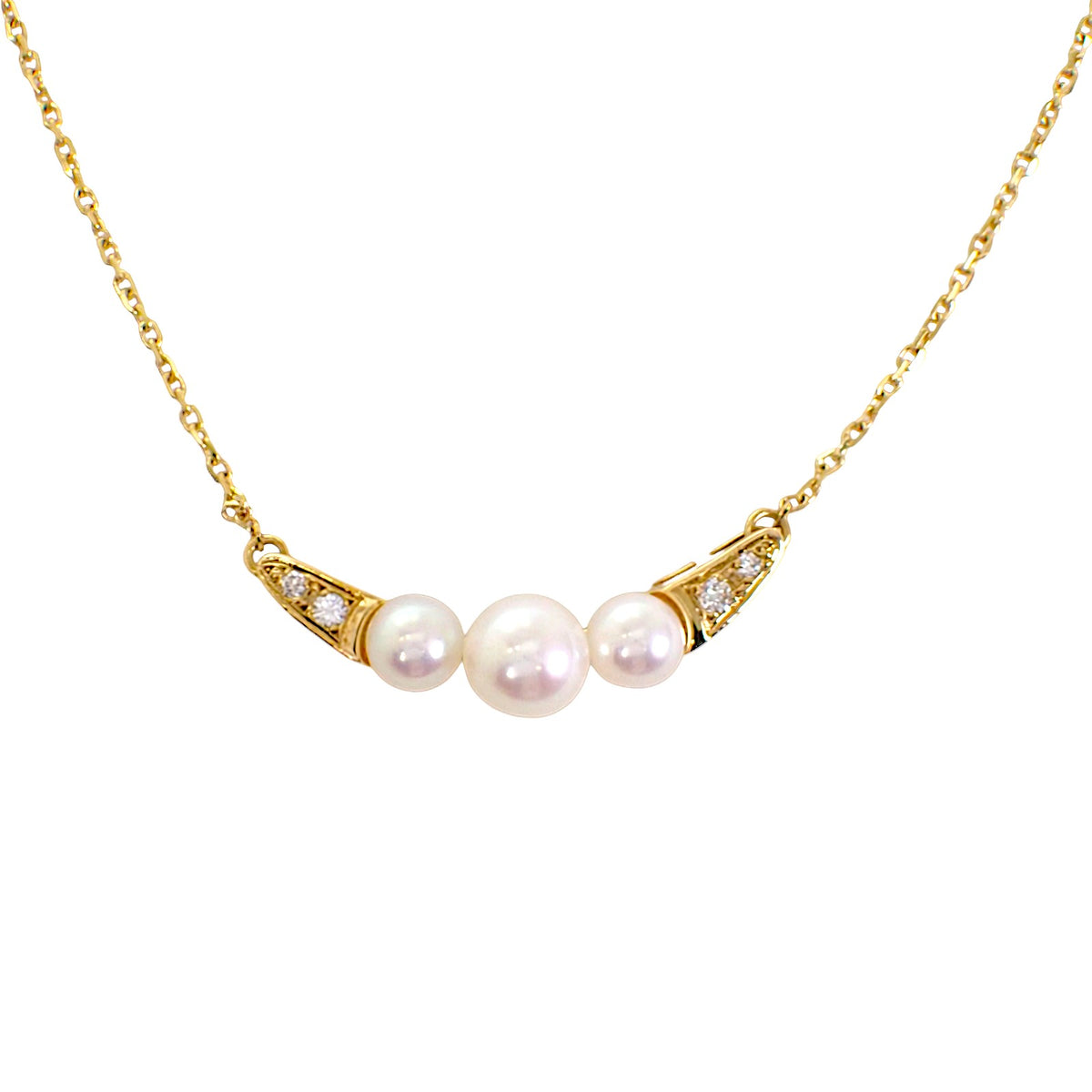 ミキモト MIKIMOTO 3連 パールペンダント ネックレス K18イエローゴールド アコヤ真珠 ダイヤモンド ゴールド レディース【中古】【Aランク】