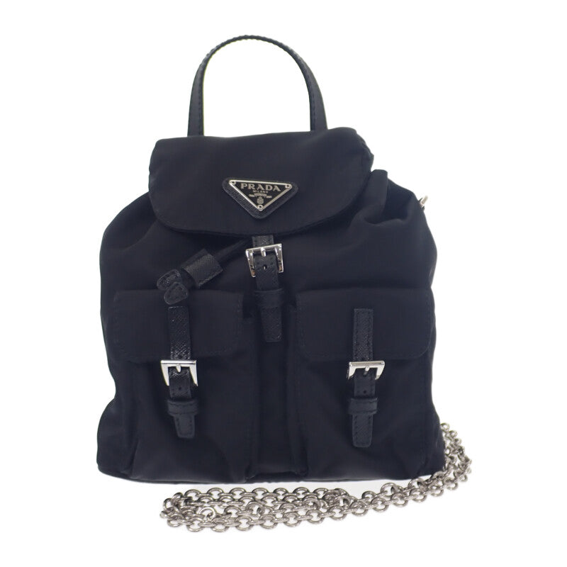 PRADA 普拉達 迷你後背包 1BH029 肩背包 尼龍 Saffiano 黑色 銀色金屬配件 女款【中古】【A級】
