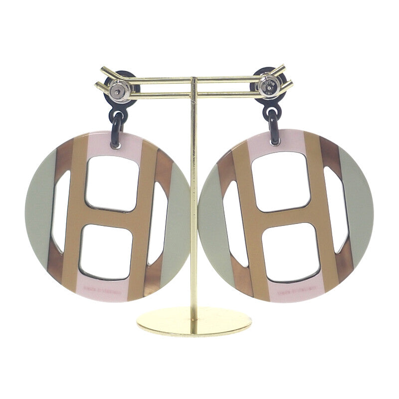 愛馬仕 HERMES H Equipe H057086FL 耳環 水牛角 淡綠色 粉紅色 駱駝色 銀色金屬件 女士【二手】【A級品】