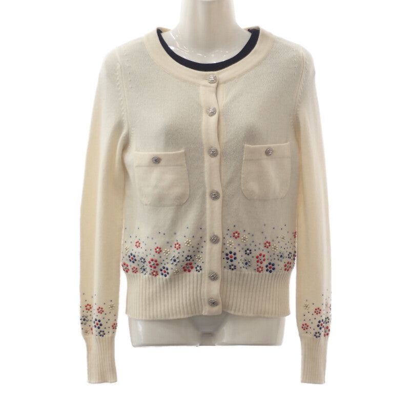 シャネル CHANEL フラワー ビーズ 34 P43016K04343_AW005 カーディガン カシミヤ ホワイト レディース【中古】【Aランク】