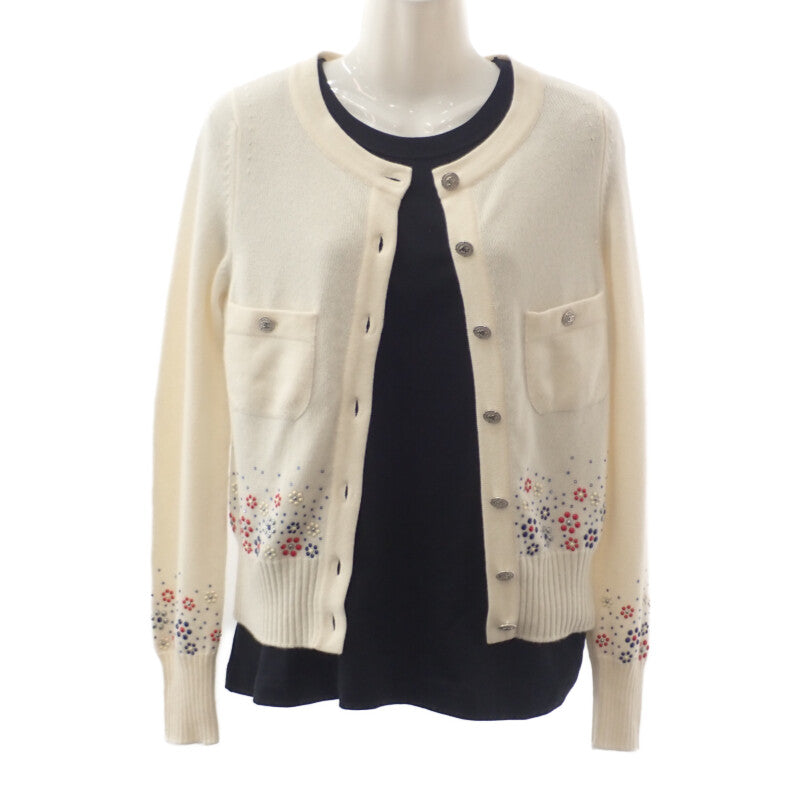 シャネル CHANEL フラワー ビーズ 34 P43016K04343_AW005 カーディガン カシミヤ ホワイト レディース【中古】【Aランク】