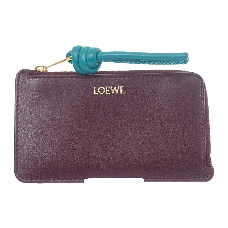ロエベ LOEWE ノット コインカードホルダー CEM1Z40X01 カードケース シャイニーナパカーフ バーガンディ エメラルドグリーン ゴールド金具 レディース【中古】【ABランク】