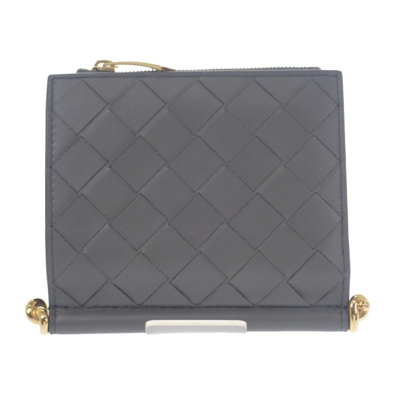 ボッテガヴェネタ BOTTEGA VENETA ソルスティス スモール 788055 二つ折り財布 イントレチャート グレー ゴールド金具 メンズ レディース【中古】【Aランク】