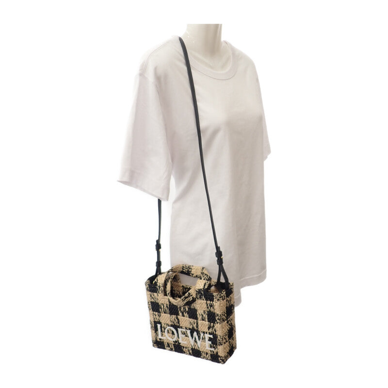 LOEWE 羅意威 字體托特包 迷你 ALF1V46X10 單肩包 拉菲草 皮革 黑色 自然色 女士【中古】【AB級】