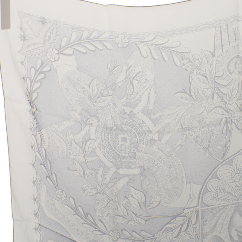 エルメス HERMES カレ90 Les chants du Henne hennaの歌 スカーフ シルク アイボリー グレー レディース【中古】【Aランク】