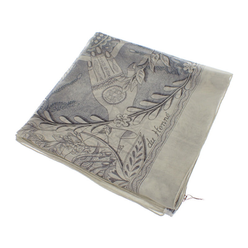 エルメス HERMES カレ90 Les chants du Henne hennaの歌 スカーフ シルク アイボリー グレー レディース【中古】【Aランク】
