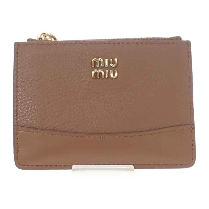 ミュウミュウ MIUMIU ロゴ レザー コインケース 5MC0932C3Y カードケース カーフ コニャック ブラウン系 ゴールド金具 レディース【中古】【ABランク】