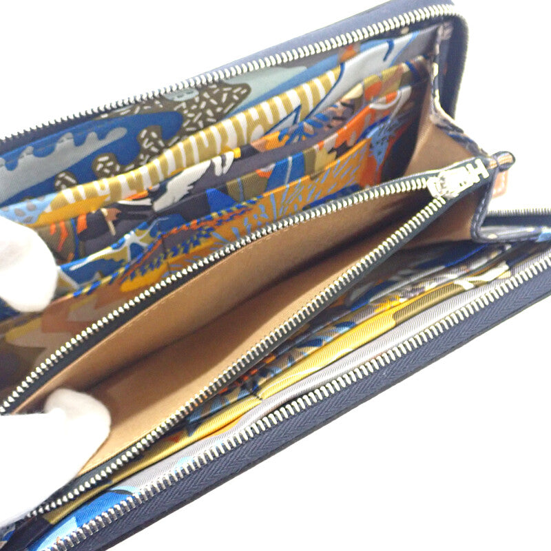 愛馬仕 HERMES Azap Silk'In Long 長夾 荔枝紋牛皮 絲綢 海軍藍 靛藍色 小牛皮 女款 男款【中古】【A級】