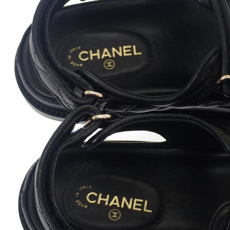 香奈兒 CHANEL 鞋墊涼鞋 G35927 X56140 94305 涼鞋 粒面小牛皮 魚子醬皮 黑色 女款【中古】【A級】