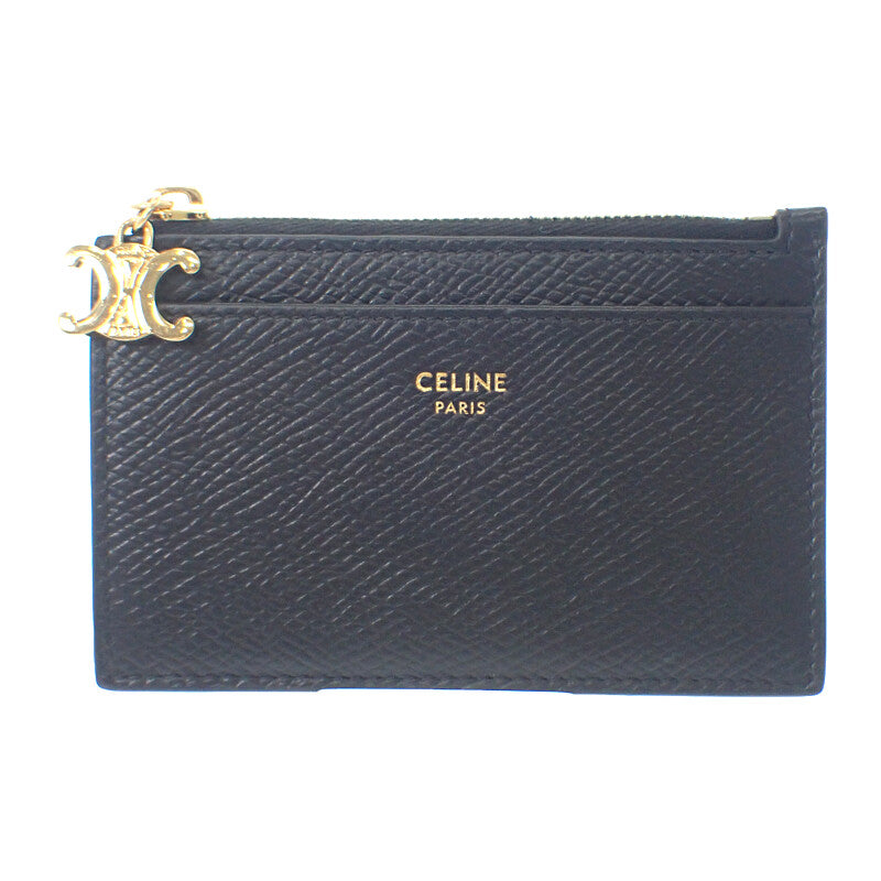 セリーヌ CELINE カードホルダー トリオンフ チャーム 10M083FVO.38NO カードケース カーフ ブラック ゴールド金具 レディース【中古】【Aランク】