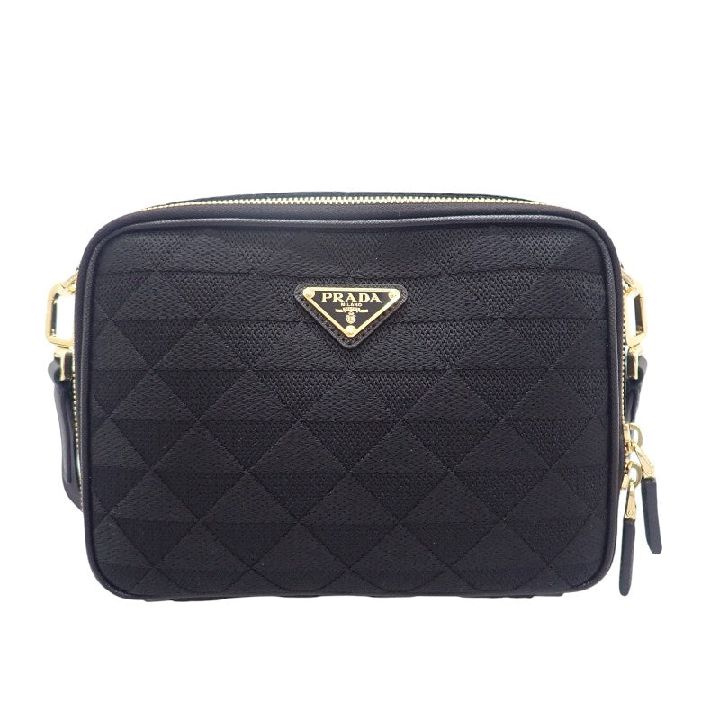 プラダ PRADA エンブロダイリー ファブリック 2VH069 ショルダーバッグ ポリエステル サフィアーノ ブラック ゴールド金具 メンズ レディース【中古】【Aランク】