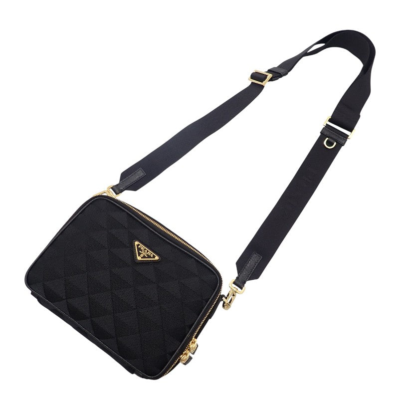 PRADA 普拉達 刺繡織物 2VH069 肩背包 聚酯纖維 Saffiano 黑色 金色五金 中性款【中古】【A級品】